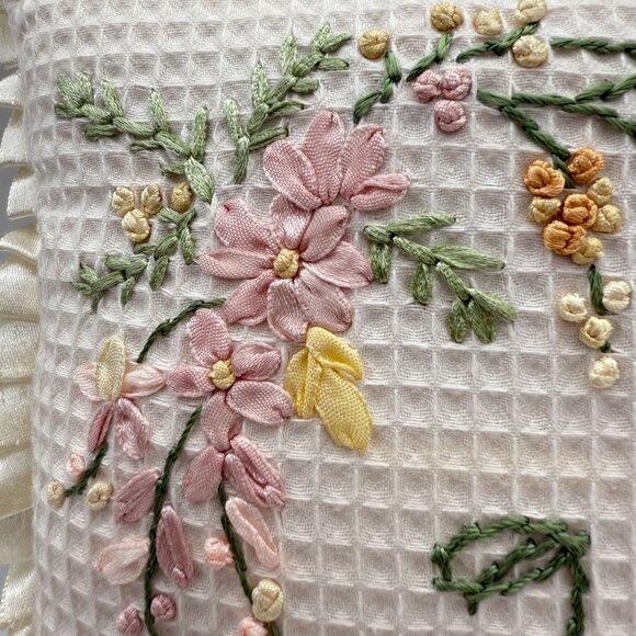 Ribbon Embroidered Throw Pillow Joy Floral Cat Ruffled Edge Cottagecore 9 In - Picture 2 of 8
